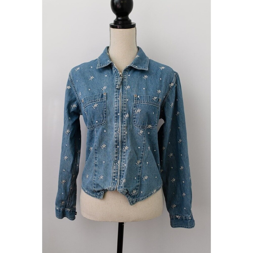 Solutions‎ Original Small Cotton denim shirt embroidered daisies zip